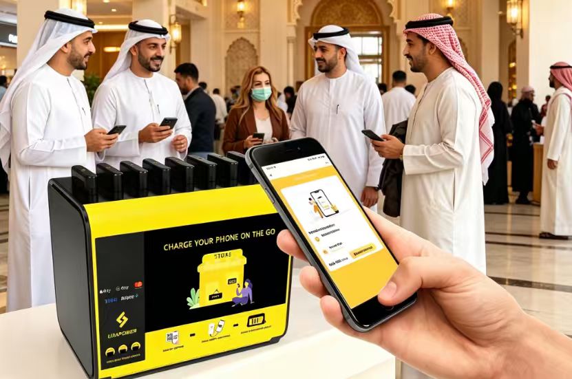 Shared power bank deployment in Dubai shopping malls, mobile charging solution in premium commercial areas