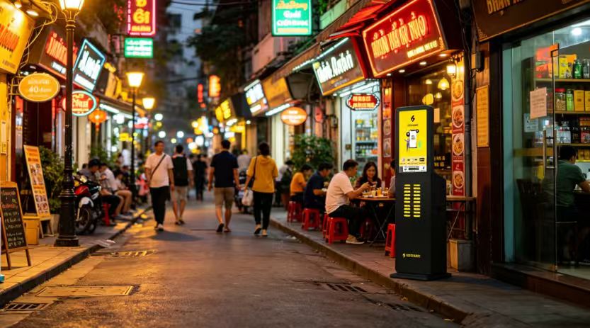 Users charging phones with shared power bank stations in Southeast Asia shopping areas