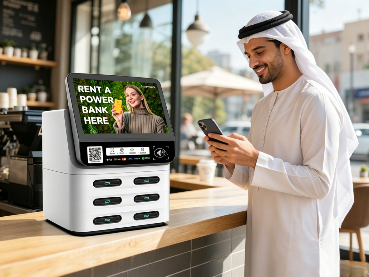UAE POS shared power bank usage scenarios covering commercial areas, airports, restaurants, and tourist attractions, combining rental and advertising revenue