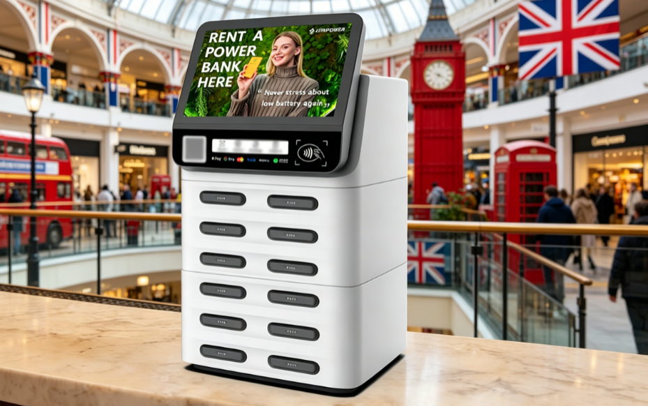 UK POS shared power bank device with NFC and card payment for retail and tourism locations