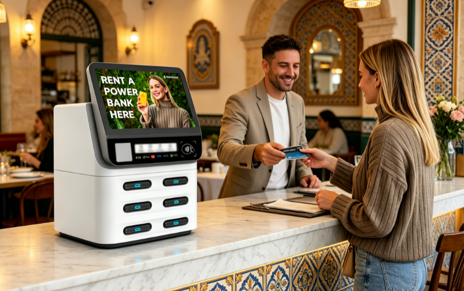 Malta POS shared power bank device used in shopping malls and tourist scenarios, supporting card payment and NFC rental