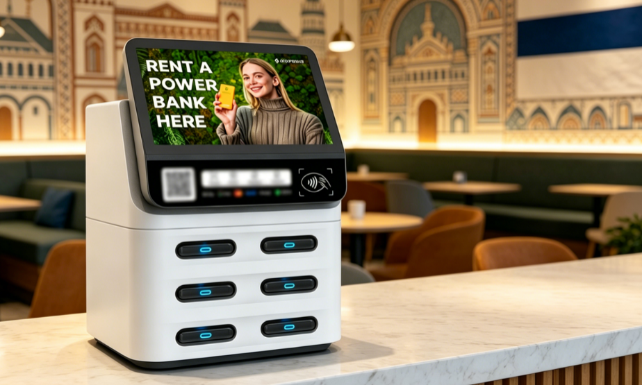 Germany POS shared power bank devices used in malls and tourist areas, supporting card and NFC payments