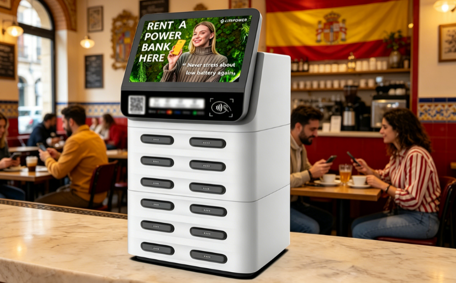 Spain POS shared power bank device used in high-traffic business and travel locations, supporting card and QR code rentals