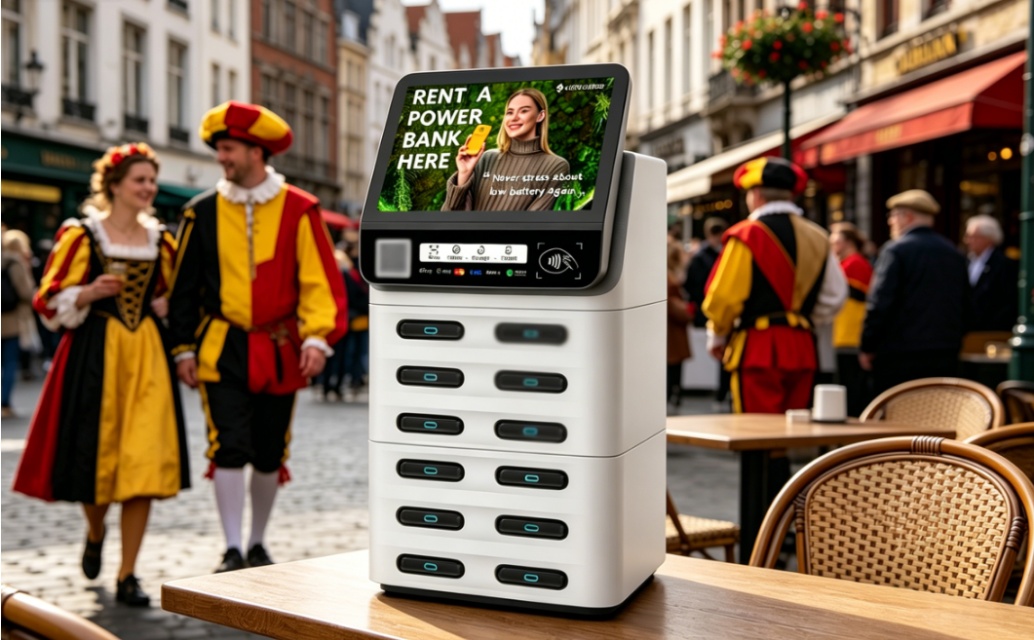 Belgium POS shared power bank, restaurant street layout, steady foot traffic, convenient rental.